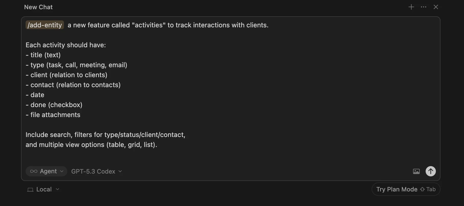 Cursor AI chat with a prompt describing a new activities feature